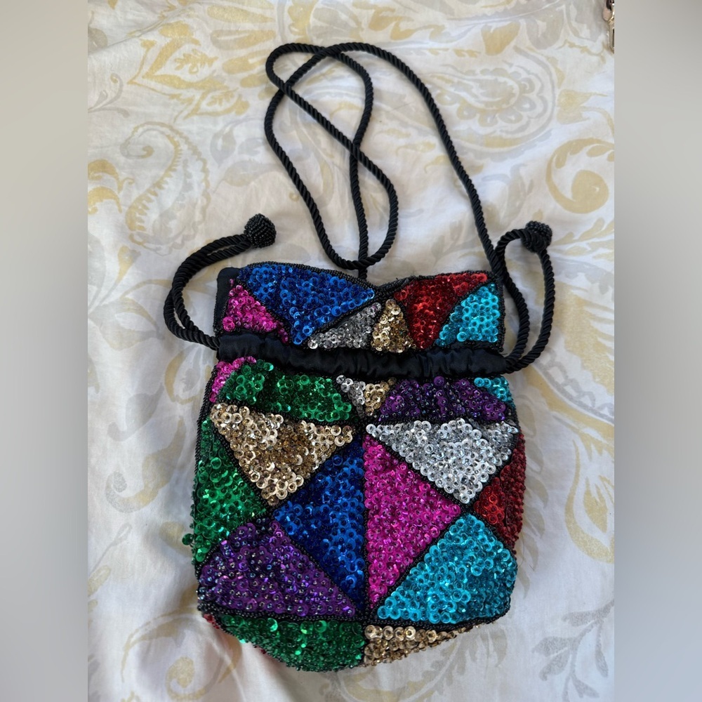 Urban Outfitters Women's Carrie Sequin Drawstring Small Bag Green/Blue/Brown/Blk
